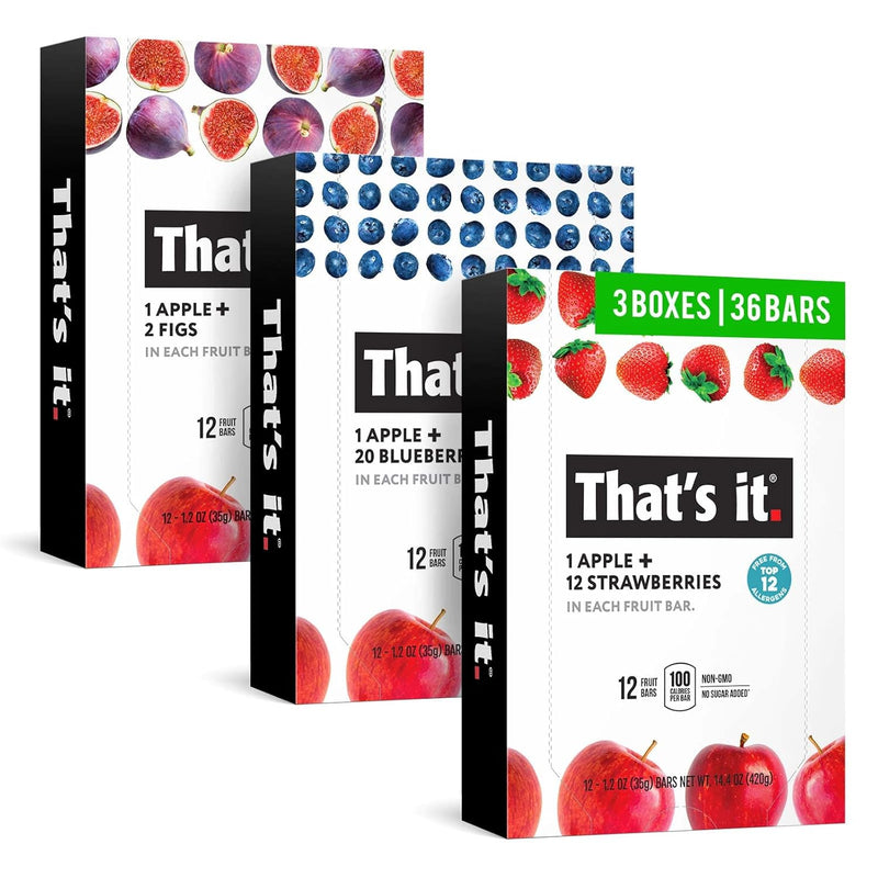 That's it. Variety. 100% Natural Real Fruit Bar. High Fiber Vegan. Gluten Free Healthy Snack. Paleo for Children & Adults. Non GMO No Added Sugar (Blueberry. Strawberry. Fig) (36 Pack)