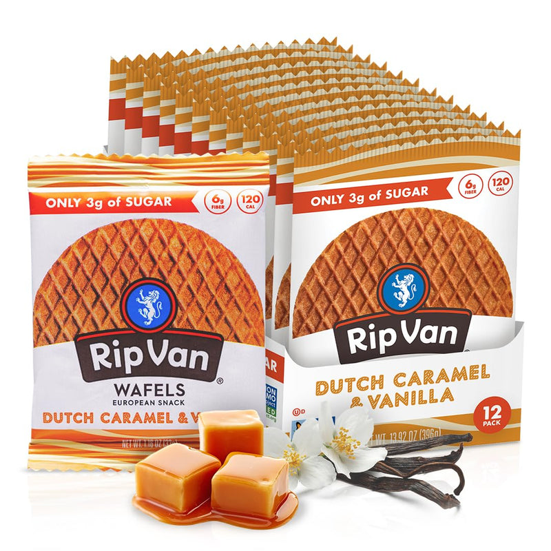 Rip Van Wafels Dutch Caramel & Vanilla Stroopwafels. Healthy Snacks. Non-GMO. Low Calorie. Low Sugar (3g). Office Snacks. Keto Friendly. 12 Count