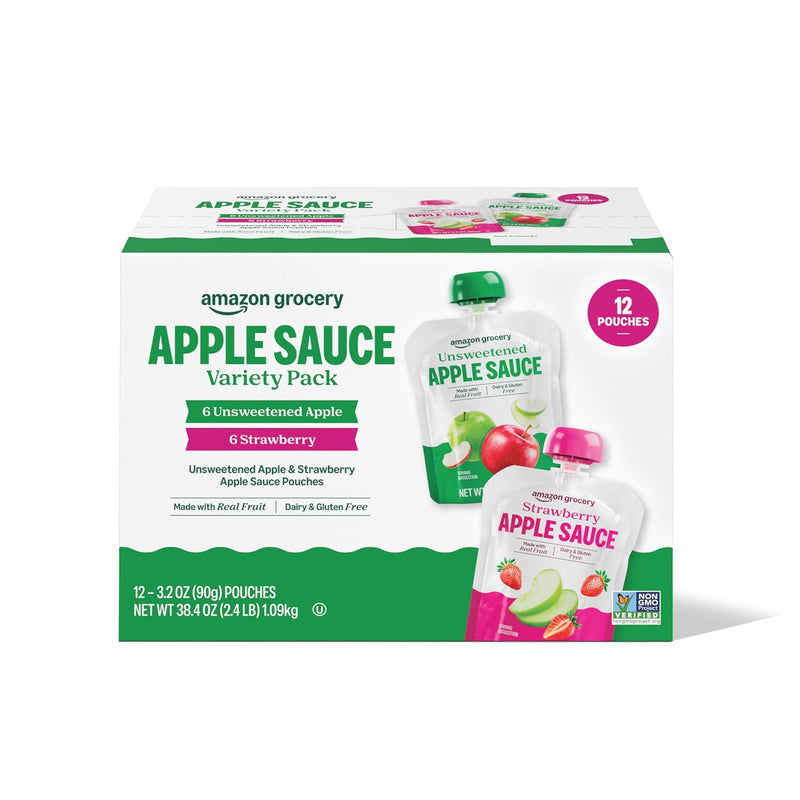 Amazon Grocery. Apple Sauce Pouches. Variety Pack of Unsweetened Apple and Strawberry. 3.2 Oz.12ct