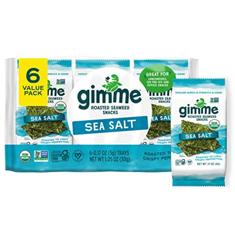 Gimme Seaweed Organic Premium Roasted Seaweed Snacks. Sea Salt. 6 Count. Keto. Vegan. Gluten-Free. Great Source of Omega3s and Iodine. Healthy On-The-Go Snack for Kids and Adults