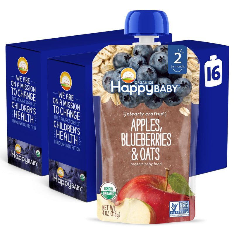 Happy Baby Organics Stage 2 Baby Food Pouches. Gluten Free. Vegan & Healthy Snack. Clearly Crafted Oat & Fruit Puree. Apples. Blueberries & Oats. 4 Ounces (Pack of 16)
