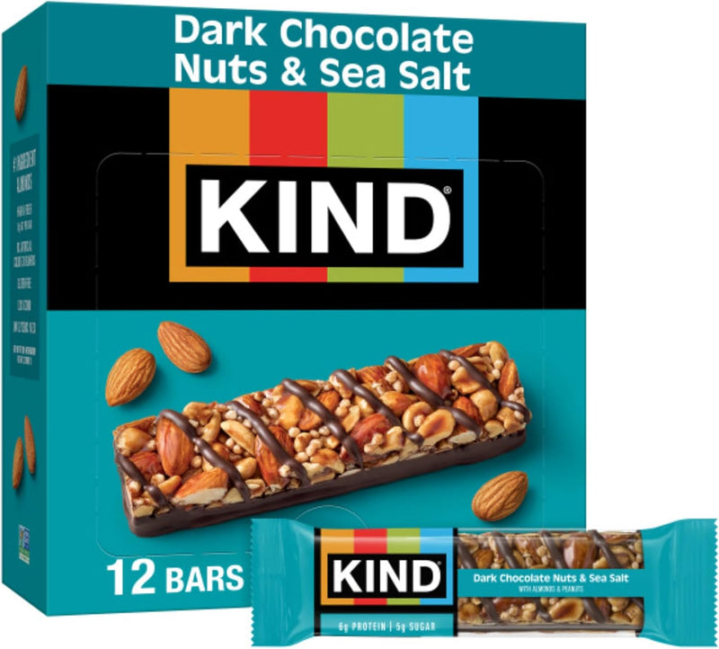KIND Nut Bars. Dark Chocolate Nuts and Sea Salt. Healthy Snacks. Gluten Free. Low Sugar. 6g Protein. 12 Count