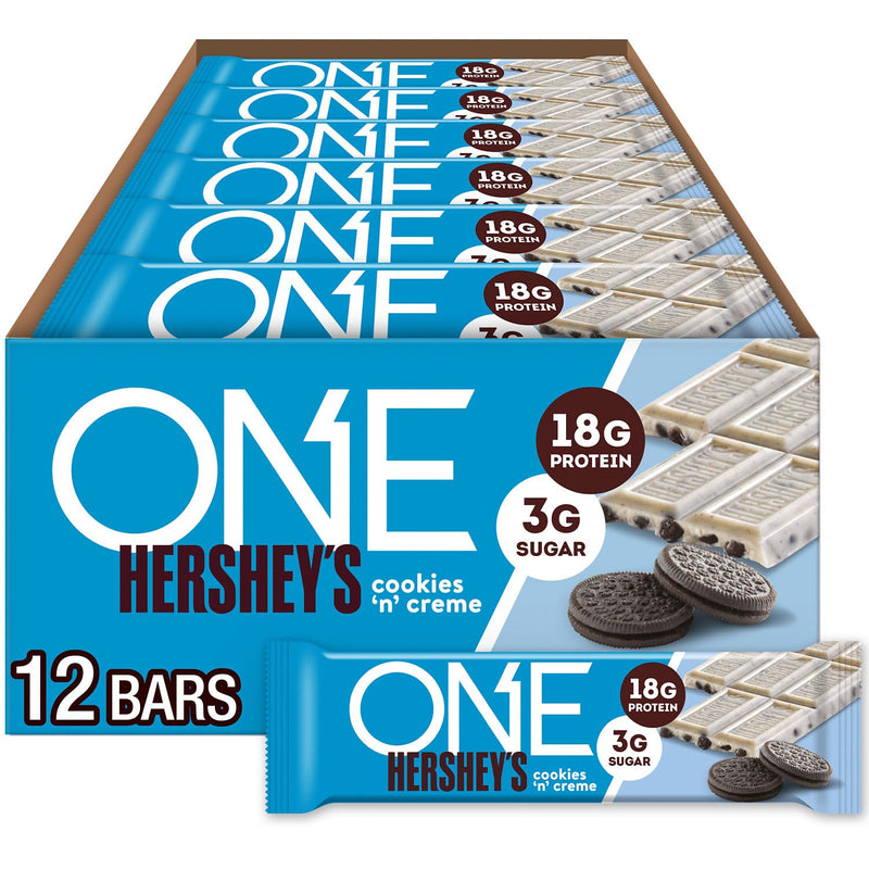 ONE Protein Bars. Hershey's Cookies 'n' Creme. Gluten Free with 18g Protein and 3g Sugar. Pantry Staples. 2.12 oz (12 Count)