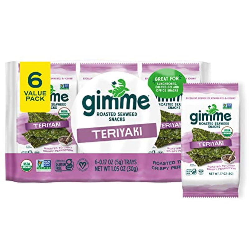 Gimme Seaweed Organic Premium Roasted Seaweed Snacks. Teriyaki. 6 Count. Keto. Vegan. Gluten-Free. Great Source of Omega3s and Iodine. Healthy On-The-Go Snack for Kids and Adults