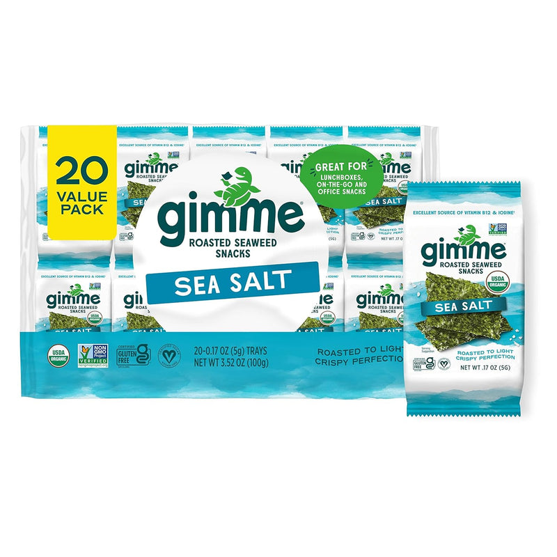 Gimme Seaweed Organic Premium Roasted Seaweed Snacks. Sea Salt. 20 Count. Keto. Vegan. Gluten-Free. Great Source of Omega3s and Iodine. Healthy On-The-Go Snack for Kids and Adults