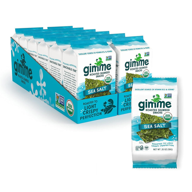 Gimme Seaweed Organic Premium Roasted Seaweed Snacks. Sea Salt. 12 Count Sharing Size. Keto. Vegan. Gluten-Free. Great Source of Omega3s and Iodine. Healthy On-The-Go Snack for Kids and Adults