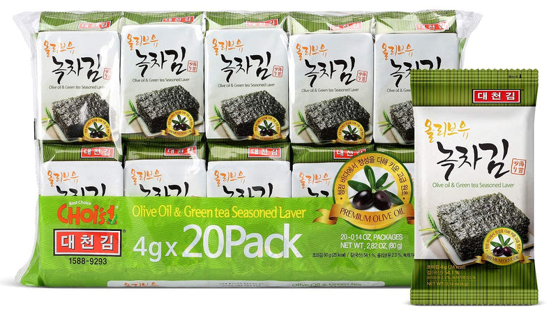 Daechun(Choi's1) Seaweed Snack. (Pack of 20). Original. Sea Salt. Green Tea Powder. Product of Korea