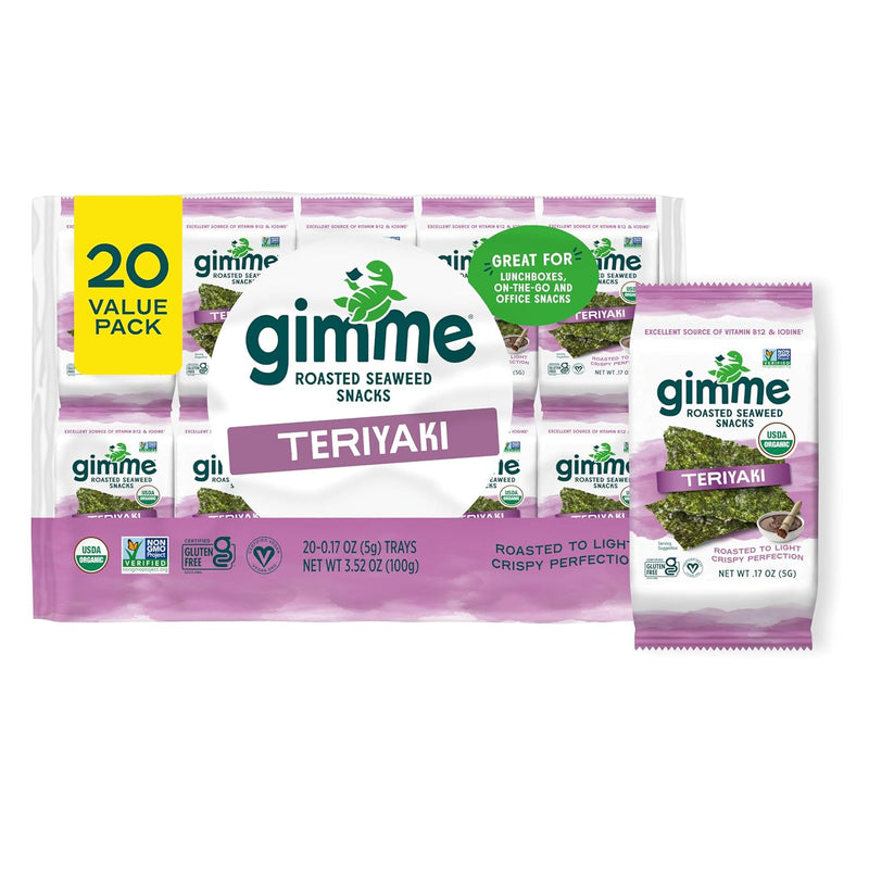 Gimme Seaweed Organic Premium Roasted Seaweed Snacks. Teriyaki. 20 Count. Keto. Vegan. Gluten-Free. Great Source of Omega3s and Iodine. Healthy On-The-Go Snack for Kids and Adults