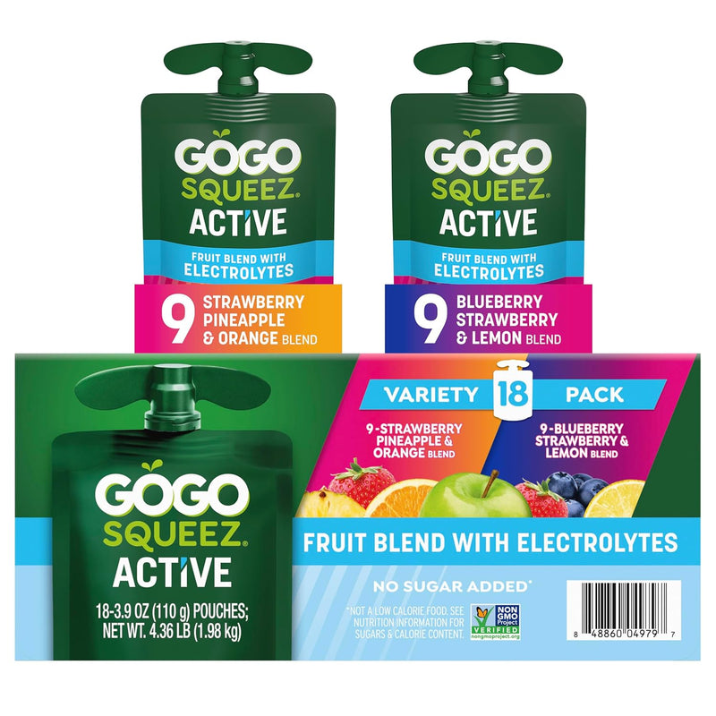 GoGo squeeZ Active Fruit Blend with Electrolytes | 18-Count Variety Pack | Blueberry Strawberry Lemon & Strawberry Pineapple Orange | Made with Real Fruit and Antioxidants Vitamin A. E. & C