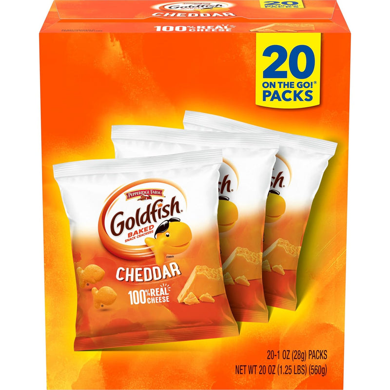 Goldfish Cheddar Cheese Crackers. Baked Snack Crackers. 1 oz On-the-Go Snack Packs. 20 Count Box