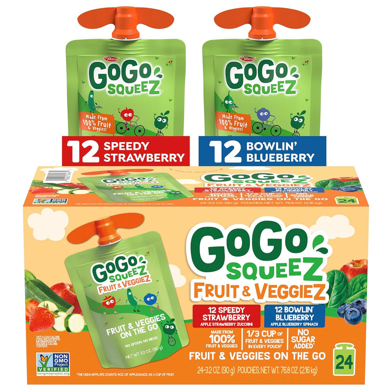 GoGo squeeZ Fruit & veggieZ Applesauce and Puree Variety Pack. Speedy Strawberry and Bowlin' Blueberry. 3.2 oz (Pack of 24). Unsweetened Snacks for Kids. BPA Free Pouches
