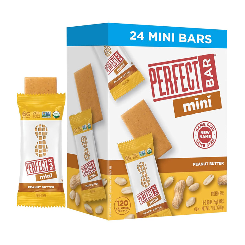 Perfect Bar Mini. Peanut Butter Protein Bar. Protein Snack. Snack Bar. Organic. Gluten Free. Soy Free. Non GMO. No Sugar Alcohols. 0.88 Ounce Bar. 24 Count