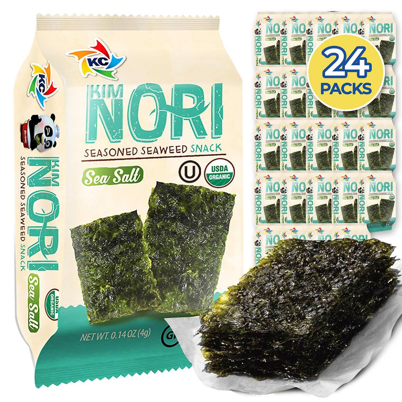 KIMNORI Seasoned Seaweed Snacks Sheets – Organic Sea Salt Flavor 24 Individual Packs Roasted Crispy Premium 100% Natural Laver Kim Nori 4g 0.14 Ounce