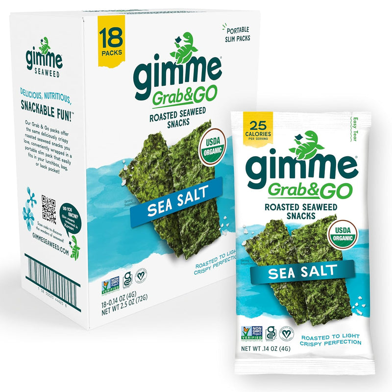 Gimme Seaweed Grab & Go Organic Premium Roasted Seaweed Snacks. Sea Salt. 18 Count Trayless. Keto. Vegan. Gluten-Free. Great Source of Omega3s and Iodine. Healthy On-The-Go Snack for Kids and Adults