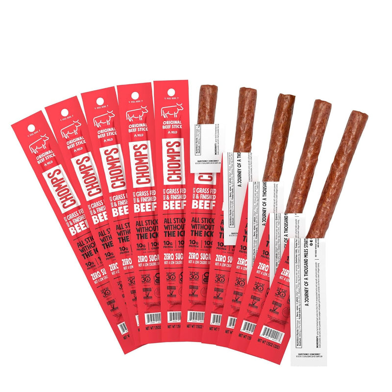 Chomps Grass-Fed and Finished Original Beef Jerky Snack Sticks 10-Pack - Keto. Paleo. Whole30. 10g Lean Meat Protein. Gluten-Free. Zero Sugar Food. Non-GMO