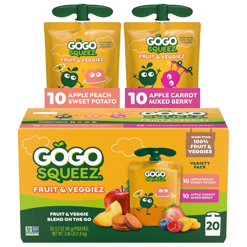 GoGo squeeZ Fruit & veggieZ Applesauce and Puree Variety Pack. Pedal Peach and Boulder Berry. 3.2 oz (Pack of 20). Unsweetened Snacks for Kids. BPA Free Pouches (Packaging May Vary)