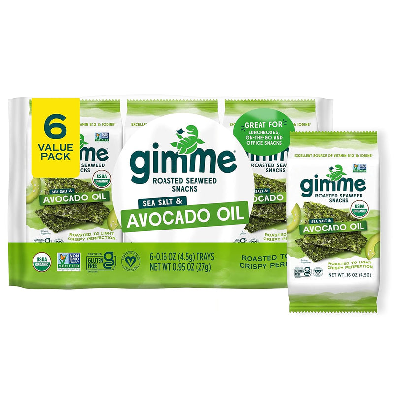 Gimme Seaweed Organic Premium Roasted Seaweed Snacks. Sea Salt & Avocado Oil. 6 Count. Keto. Vegan. Gluten-Free. Great Source of Omega3s and Iodine. Healthy On-The-Go Snack for Kids and Adults