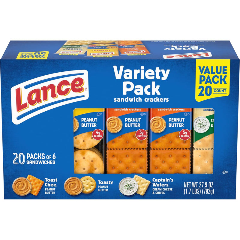 Lance Sandwich Crackers. Variety Pack. 3 Flavors. 20 Individually Wrapped Packs. 6 Sandwiches Each
