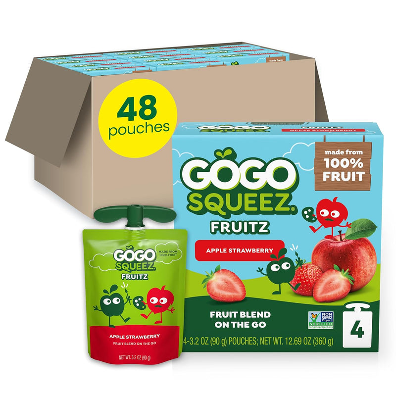 GoGo squeeZ Applesauce and Fruit Puree. Apple Strawberry. 3.2 oz (Pack of 48). Unsweetened Fruit Snacks for Kids. Gluten Free. Nut Free. Recloseable Cap. BPA Free Pouches (Packaging May Vary)