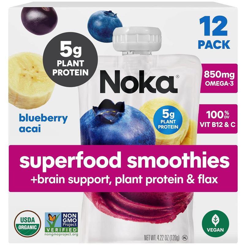 Noka Superfood Fruit Smoothie Pouches Ready to Drink with Brain Support. Healthy Snacks w/ 850mg Omega-3 Flax Seed Plant Protein Vegan Gluten Free Organic Fruit Squeeze Pouch Blueberry Acai 4.22 oz 12 Count