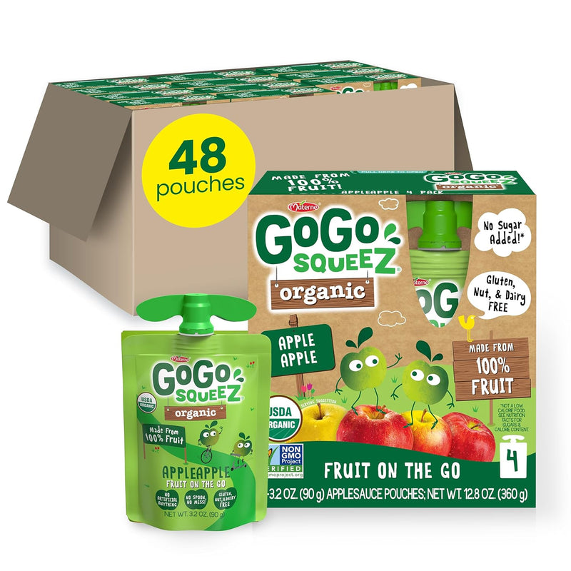 GoGo squeeZ Organic Applesauce and Fruit Puree. Apple Apple. 3.2 oz (Pack of 48). Unsweetened Organic Fruit Snacks for Kids. Gluten Free. Nut Free and Dairy Free. Recloseable Cap. BPA Free Pouches