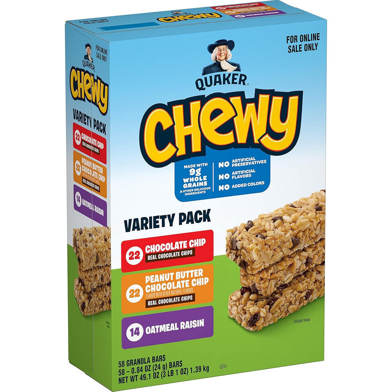 Quaker Chewy Granola Bars. 3 Flavor Variety Pack. (58 Pack)