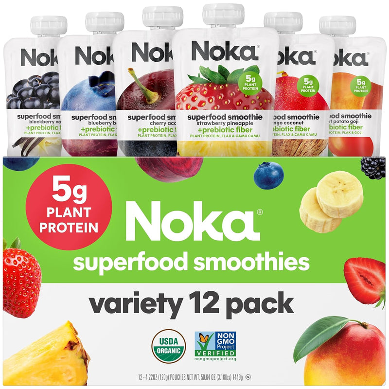 Noka Superfood Fruit Smoothie Pouches Variety Pack. Healthy Snacks with Flax Seed. Plant Protein and Prebiotic Fiber. Vegan and Gluten Free Snacks. Made in USA. Organic Squeeze Pouch. 4.22 oz. 12 Count