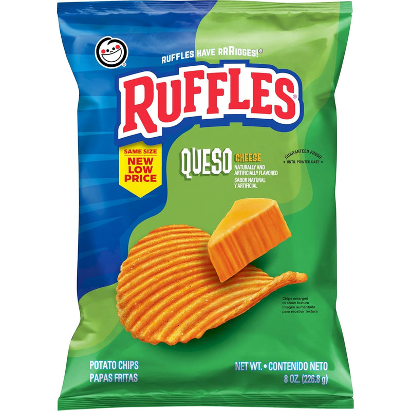 Ruffles Potato Chips. Queso. Cheddar Cheese. 8 Ounce