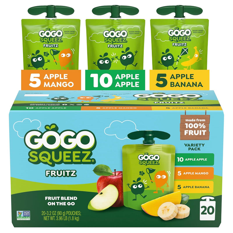 GoGo squeeZ Applesauce and Fruit Puree Variety Pack. Apple. Mango & Banana. 3.2 oz (Pack of 20). Unsweetened Fruit Snacks for Kids. Gluten Free. Nut Free. BPA Free Pouches (Packaging May Vary)