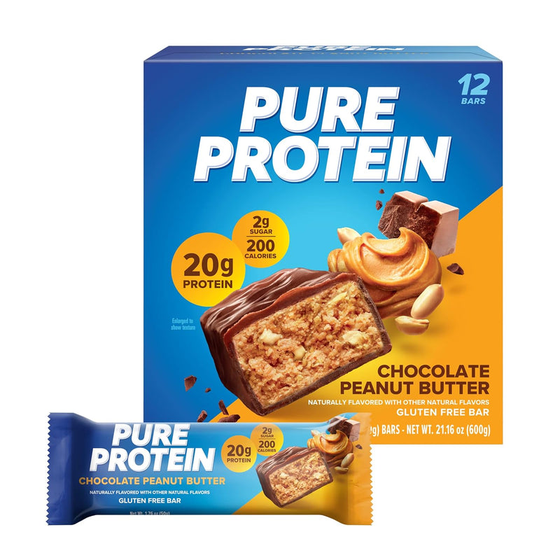 Pure Protein Chocolate Peanut Butter Protein Bars – 20g Protein. 3g Sugar. 190 Calories (12 count) Low Sugar* High Protein Snack - Gluten Free - Perfect for a Healthy Snack
