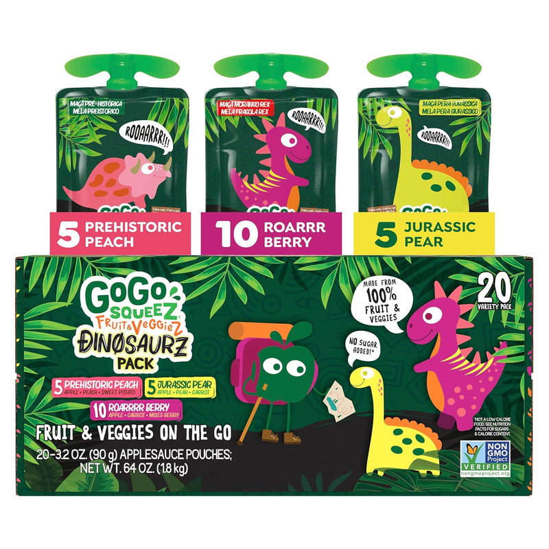 GoGo squeeZ Fruit & veggieZ Applesauce and Puree Variety Pack. Jurassic Pear. Roarrrr Berry & Prehistoric Peach. 3.2 oz (Pack of 20). Unsweetened Snacks for Kids. BPA Free Pouches