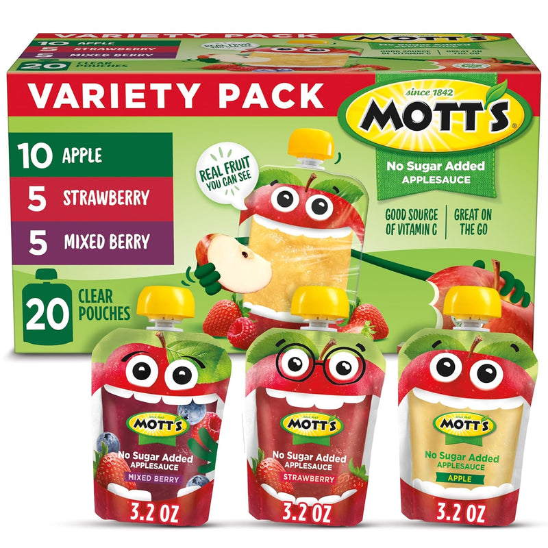 Mott's No Sugar Added Applesauce Variety Pack. 3 Flavors – Apple. Strawberry & Mixed Berry. Made from Real Fruit. No Artificial Flavors. 3.2 oz Clear Pouches. 20 Pack